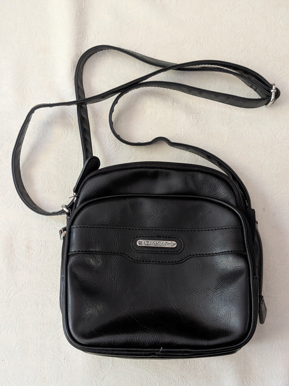 Jaclyn Smith Black Small Crossbody Bag Multi-Zip Adjustable Strap Silver